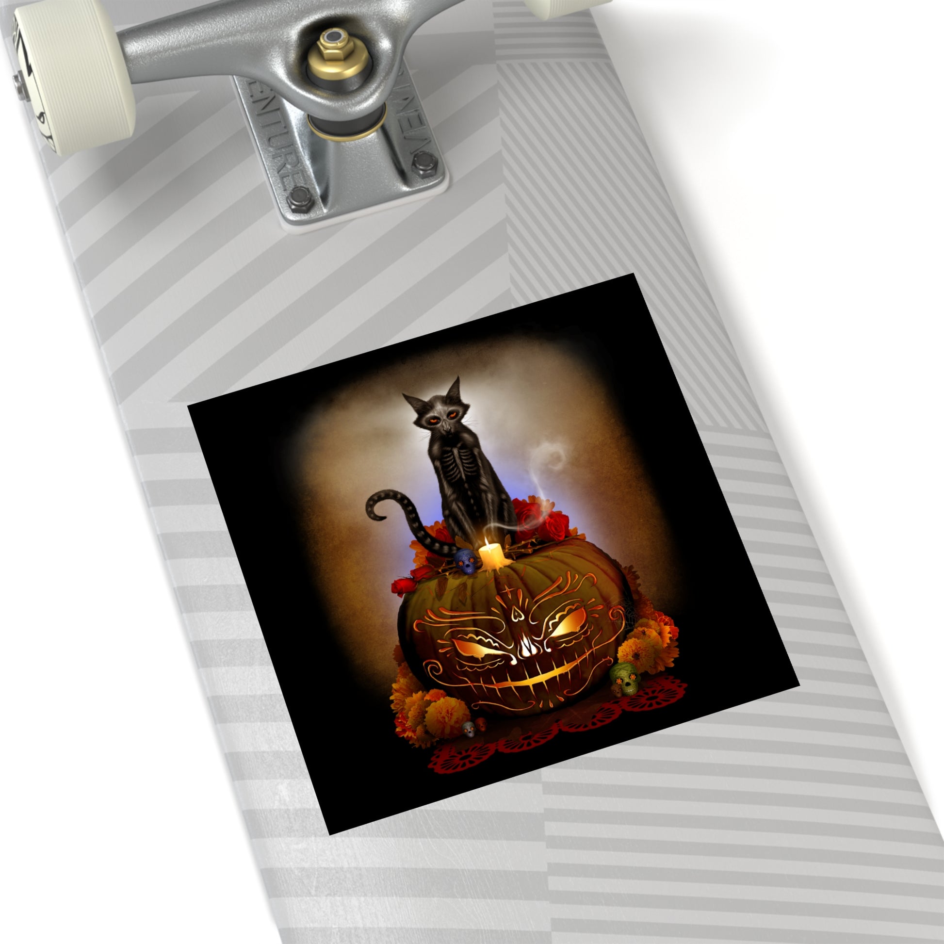 Día De Los Meowtos square sticker 3" — premium vinyl water resistant dark art collectible