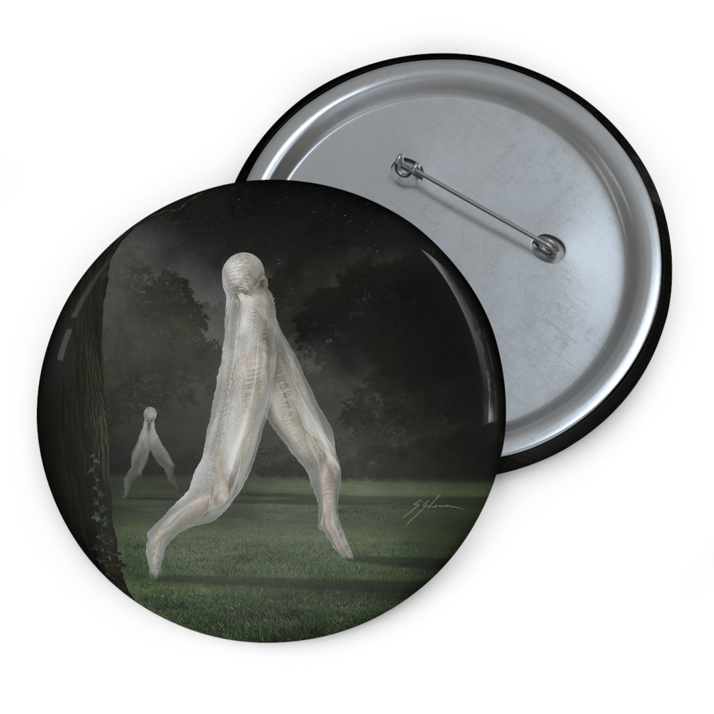 Nightcrawler pin button set — Mister Sam Shearon cryptid dark art, three sizes