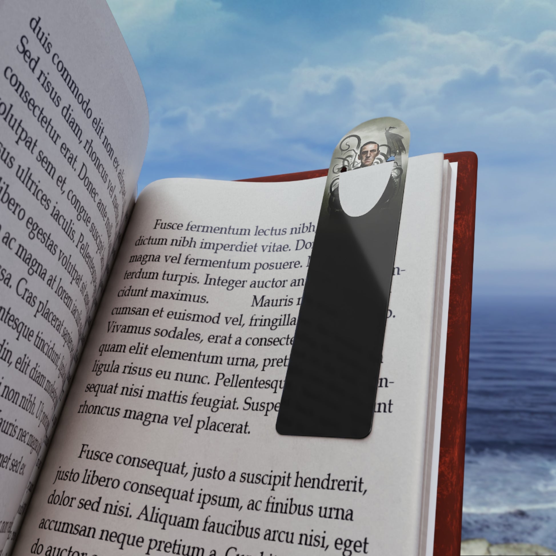 H.P. Lovecraft aluminum bookmark by Mister Sam Shearon — Cthulhu cosmic horror gothic dark art, eldritch horror, human-made, non-AI. 