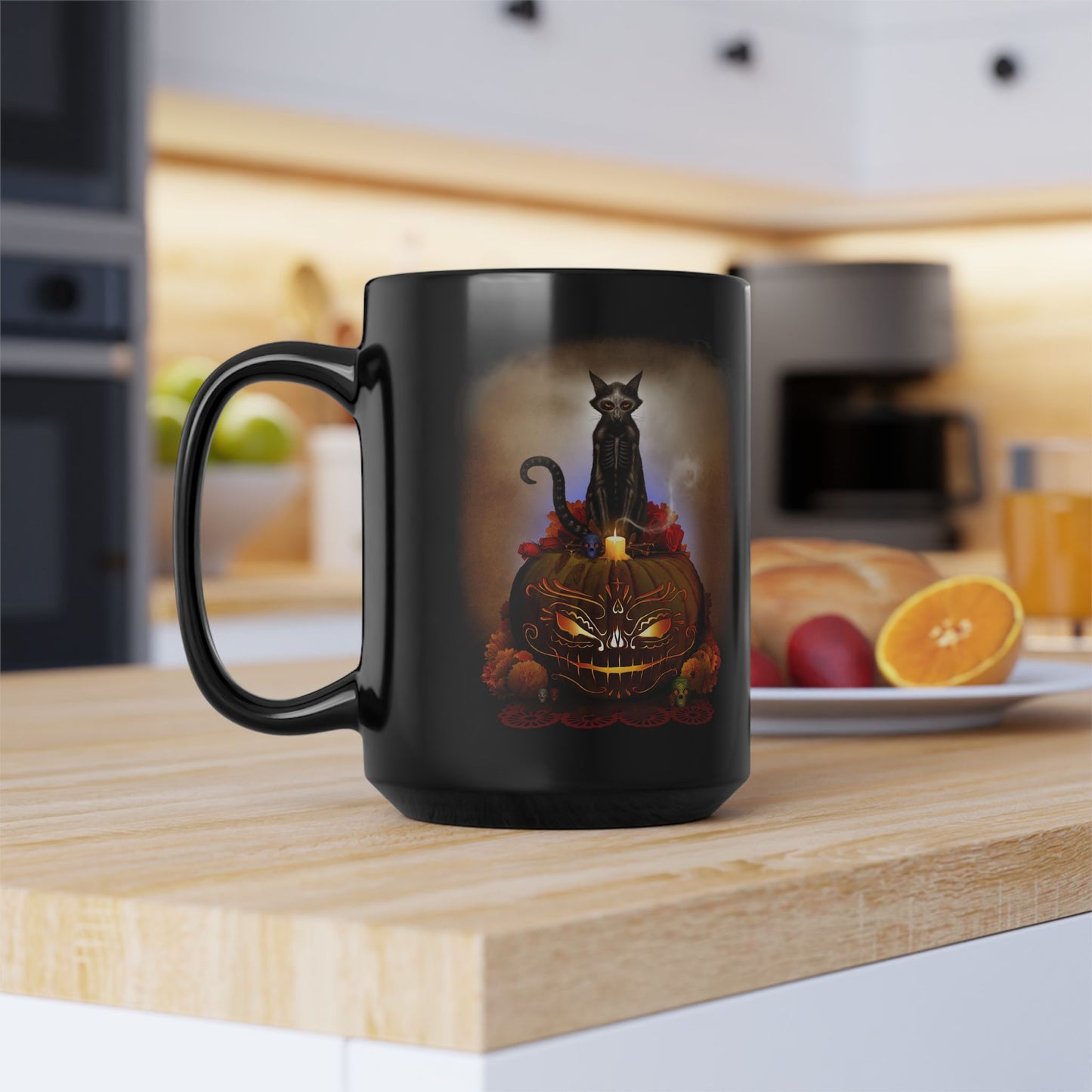 Día De Los Meowtos mug in lifestyle setting — Day of the Dead dark art home decor
