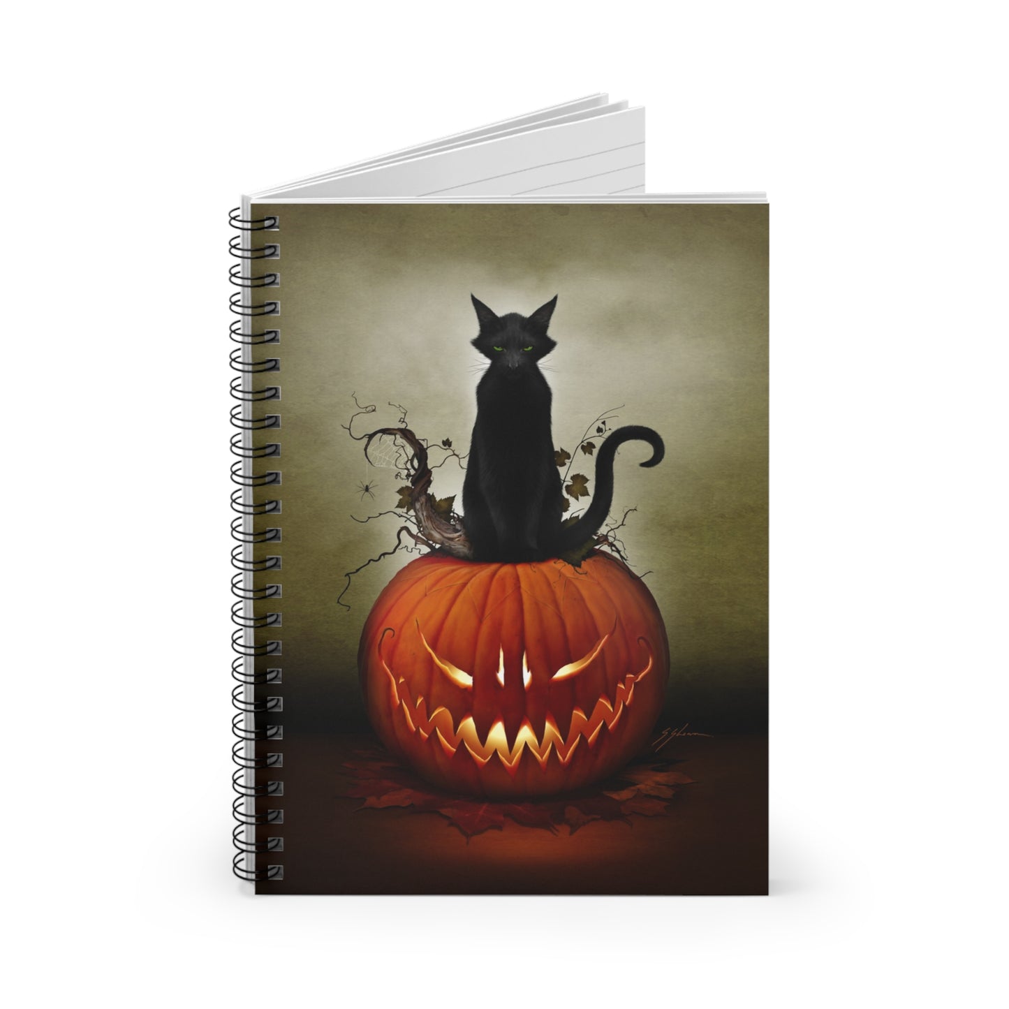 Cat O' Lantern spiral notebook front cover — gothic black cat jack-o-lantern design by Mister Sam Shearon