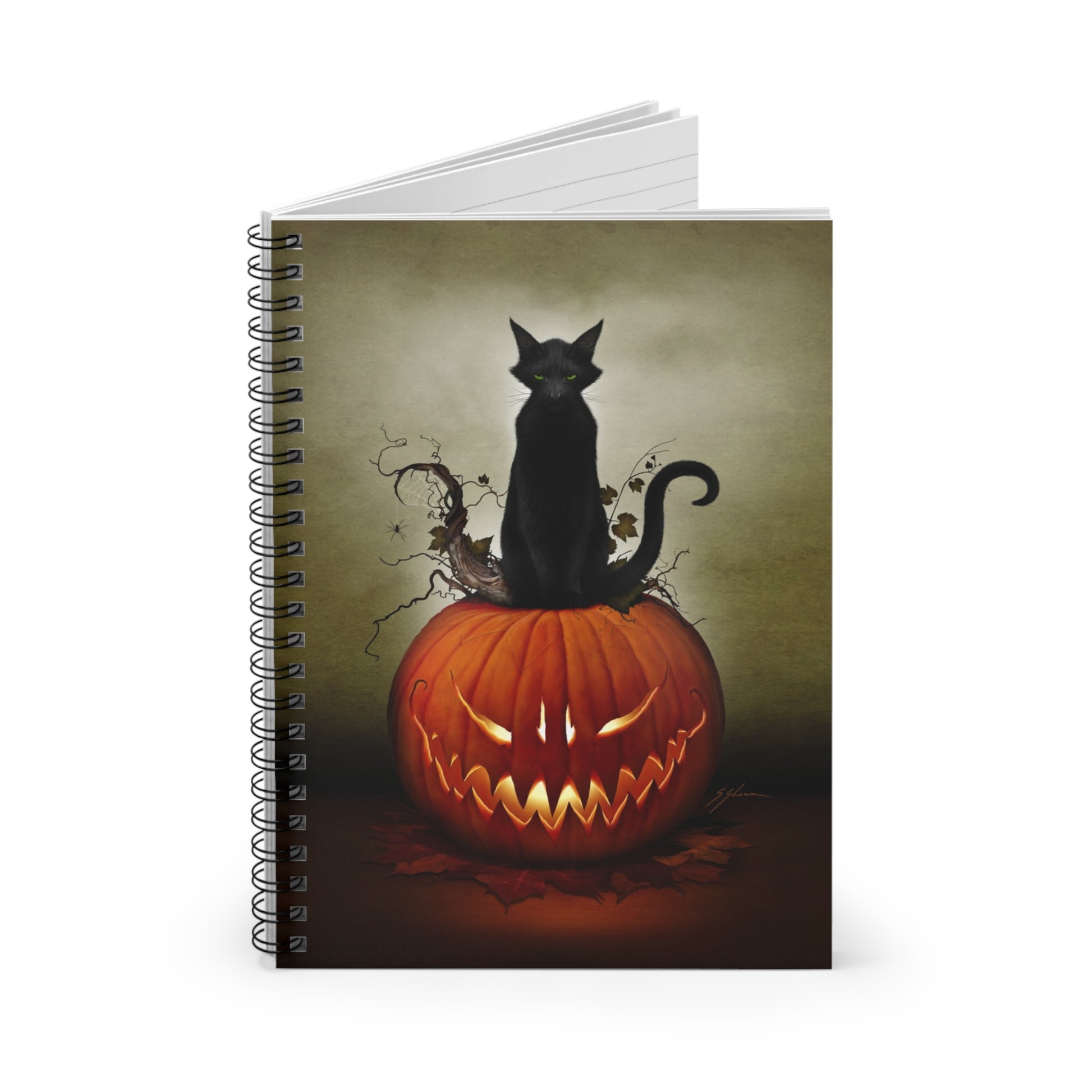 Cat O' Lantern spiral notebook front cover — gothic black cat jack-o-lantern design by Mister Sam Shearon