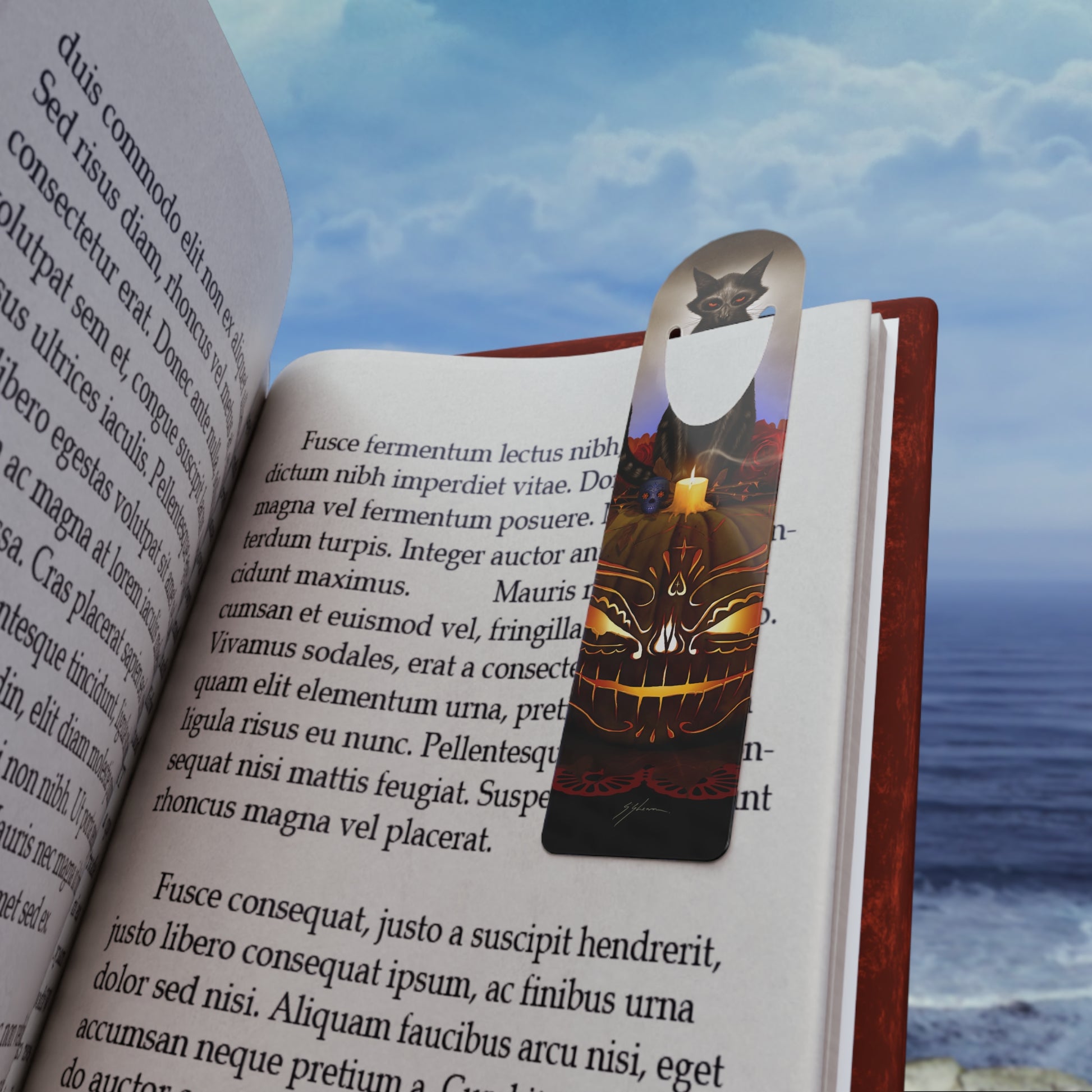 Día De Los Meowtos aluminum bookmark — Day of the Dead dark art by Mister Sam Shearon