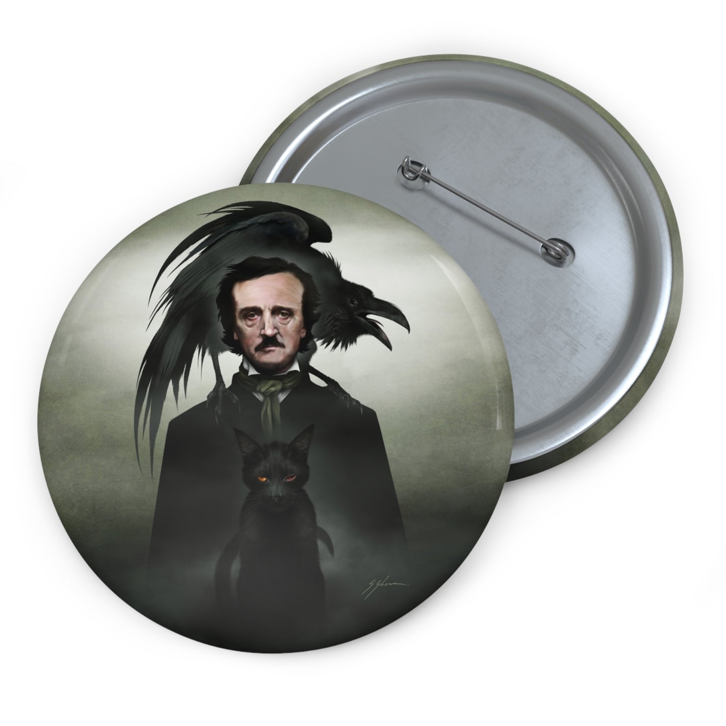 Edgar Allan Poe pin button set — Mister Sam Shearon gothic dark art, three sizes