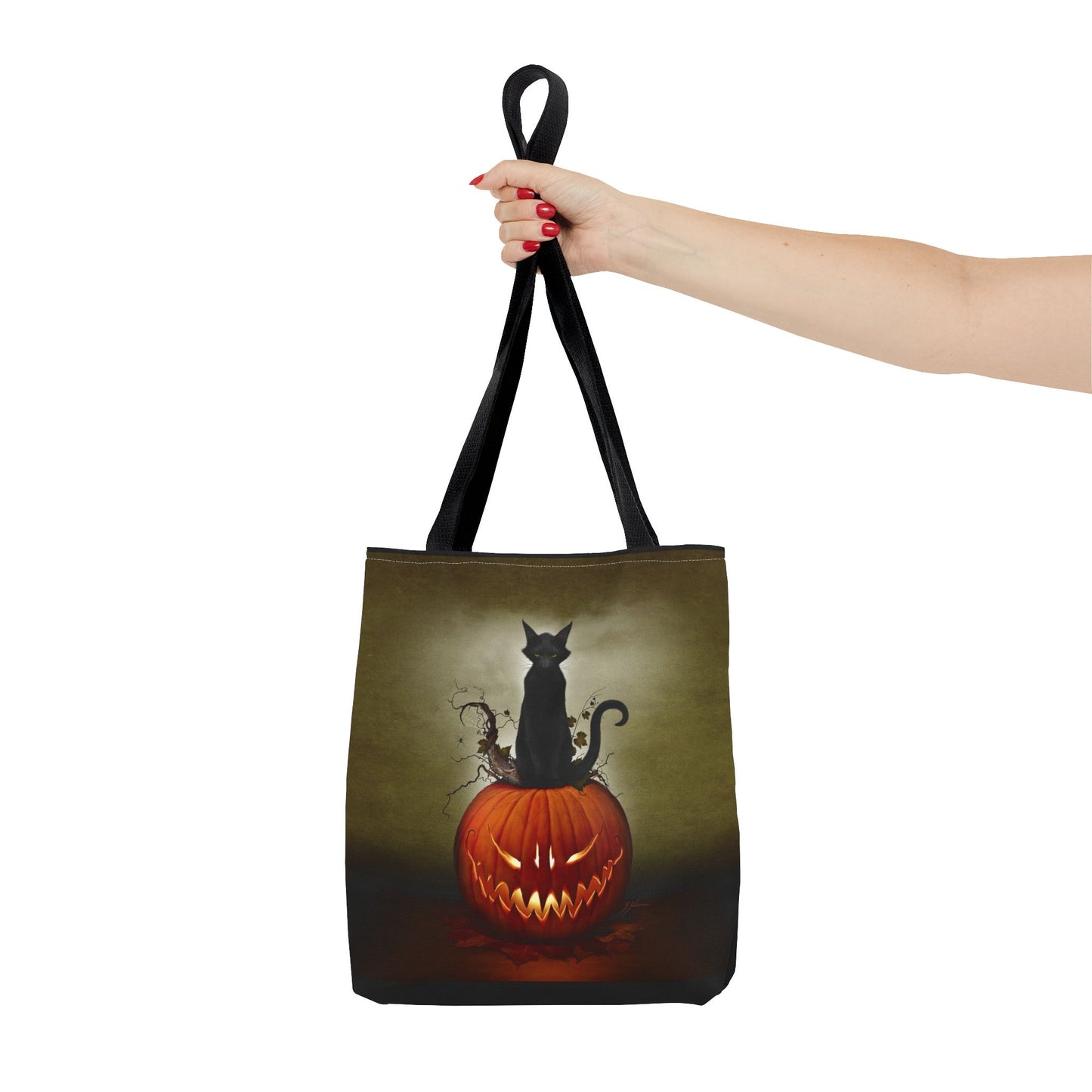 Cat O' Lantern gothic tote bag 16 inch — All Hallows' Eve black cat pumpkin art by Mister Sam Shearon