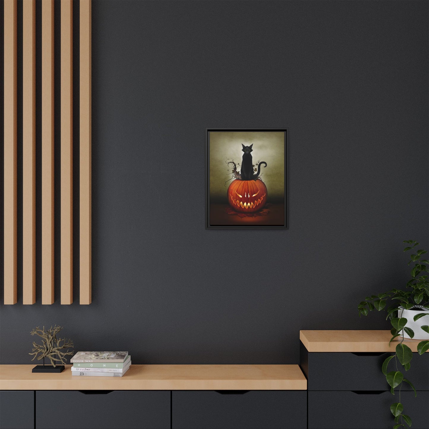 Cat O' Lantern canvas bedroom mockup — Halloween horror art by Mister Sam Shearon