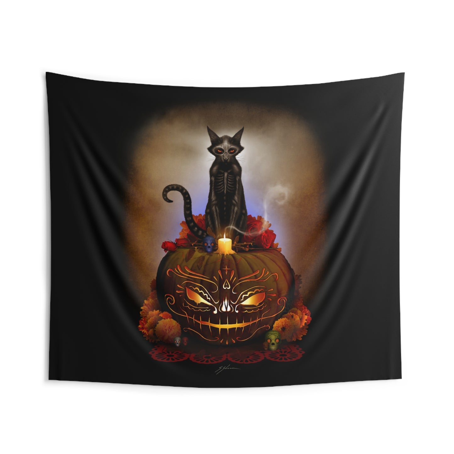 Día De Los Meowtos wall tapestry 88"x104" — large format Day of the Dead dark art