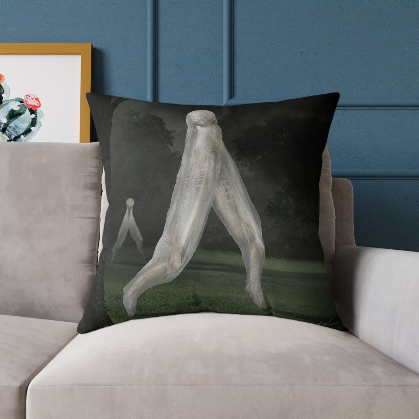 Nightcrawler square canvas pillow by Mister Sam Shearon — dark art, cryptid, creepypasta, paranormal, horror, human-made, non-AI. 