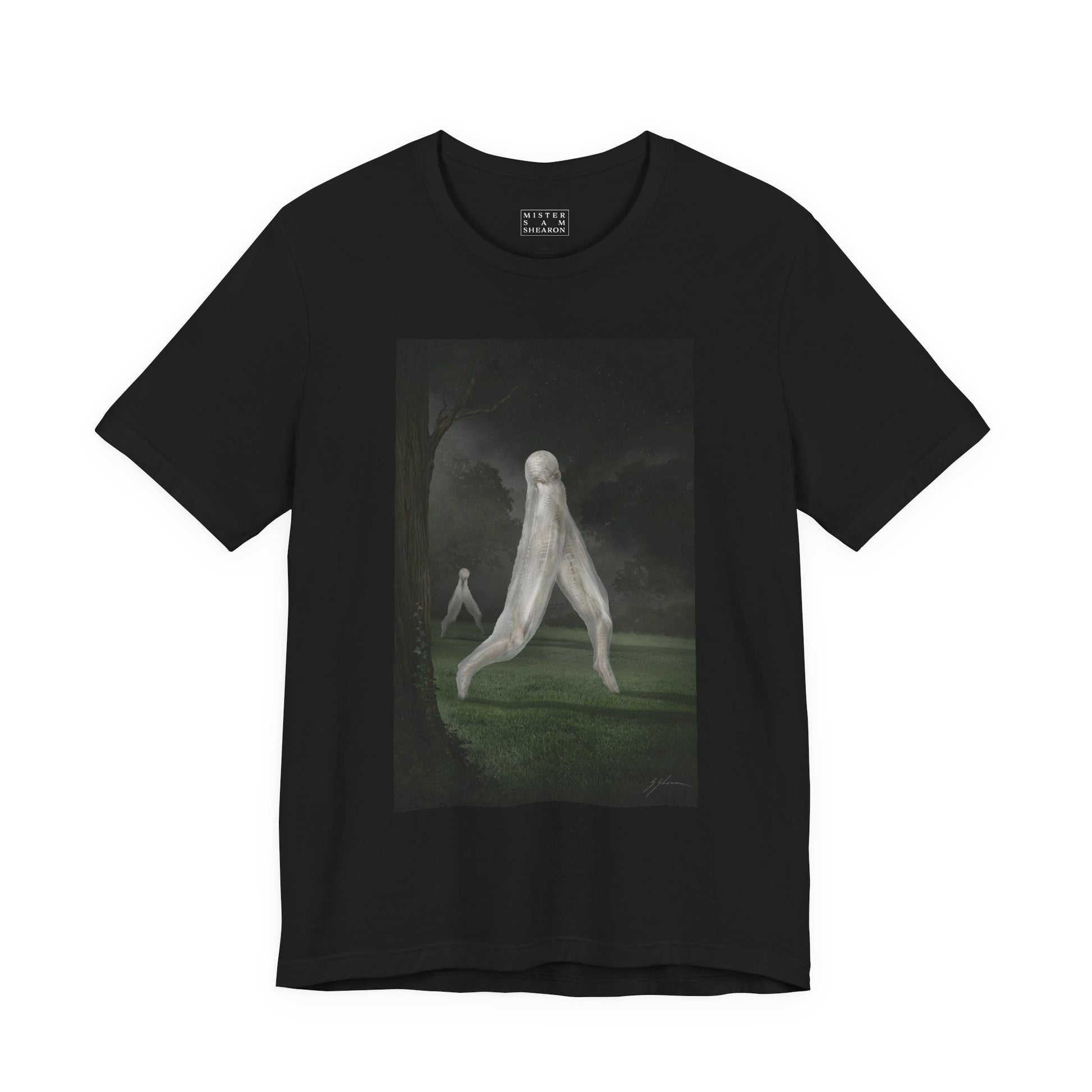 Nightcrawler t-shirt by Mister Sam Shearon — dark art, cryptid, creepypasta, paranormal, horror, human-made, non-AI.