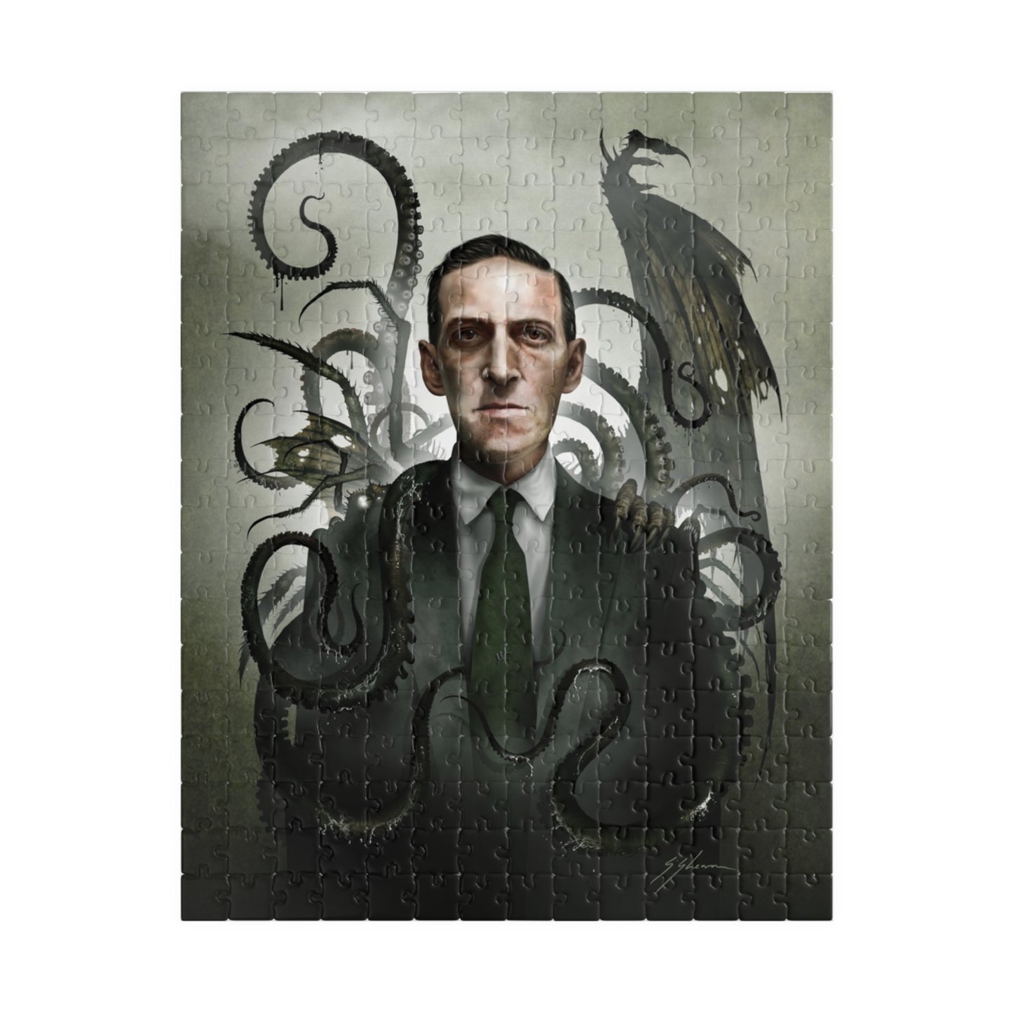 H.P. Lovecraft jigsaw puzzle by Mister Sam Shearon — Cthulhu cosmic horror gothic dark art, eldritch horror, human-made, non-AI. 