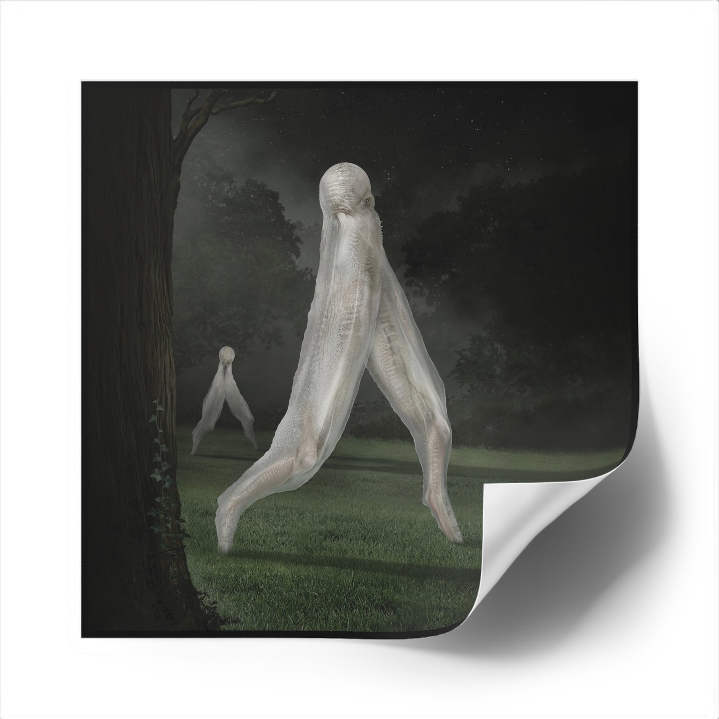 Nightcrawler square sticker by Mister Sam Shearon — dark art, cryptid, creepypasta, paranormal, horror, indoor outdoor, human-made, non-AI. 