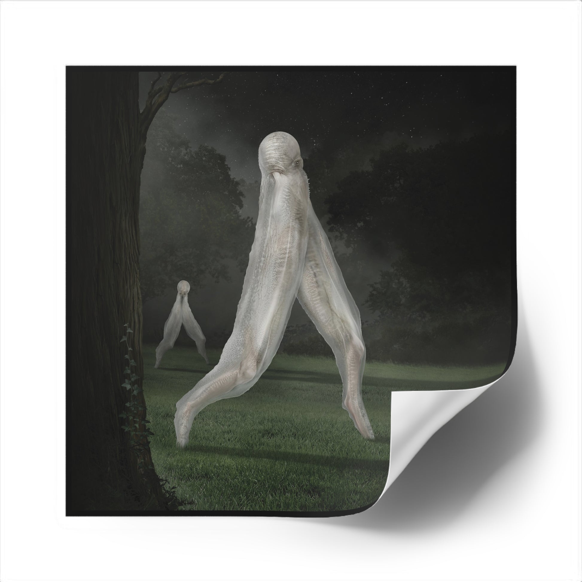 Nightcrawler square sticker by Mister Sam Shearon — dark art, cryptid, creepypasta, paranormal, horror, indoor outdoor, human-made, non-AI. 