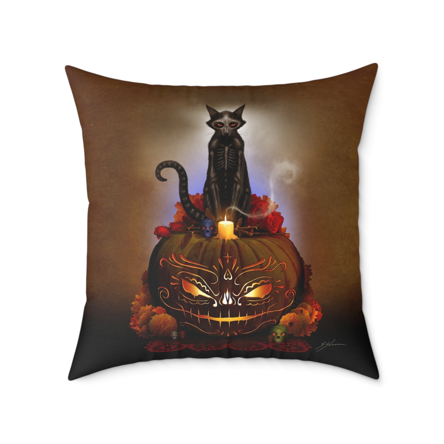 Día De Los Meowtos square poly canvas pillow — Day of the Dead dark art by Mister Sam Shearon
