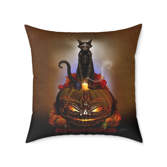 Día De Los Meowtos square poly canvas pillow — Day of the Dead dark art by Mister Sam Shearon