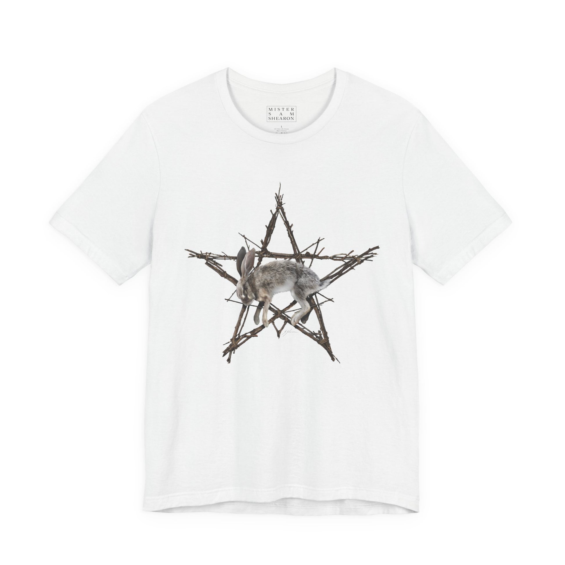 Fallen Star dark folk art tee — pentagram and hare symbol by Mister Sam Shearon