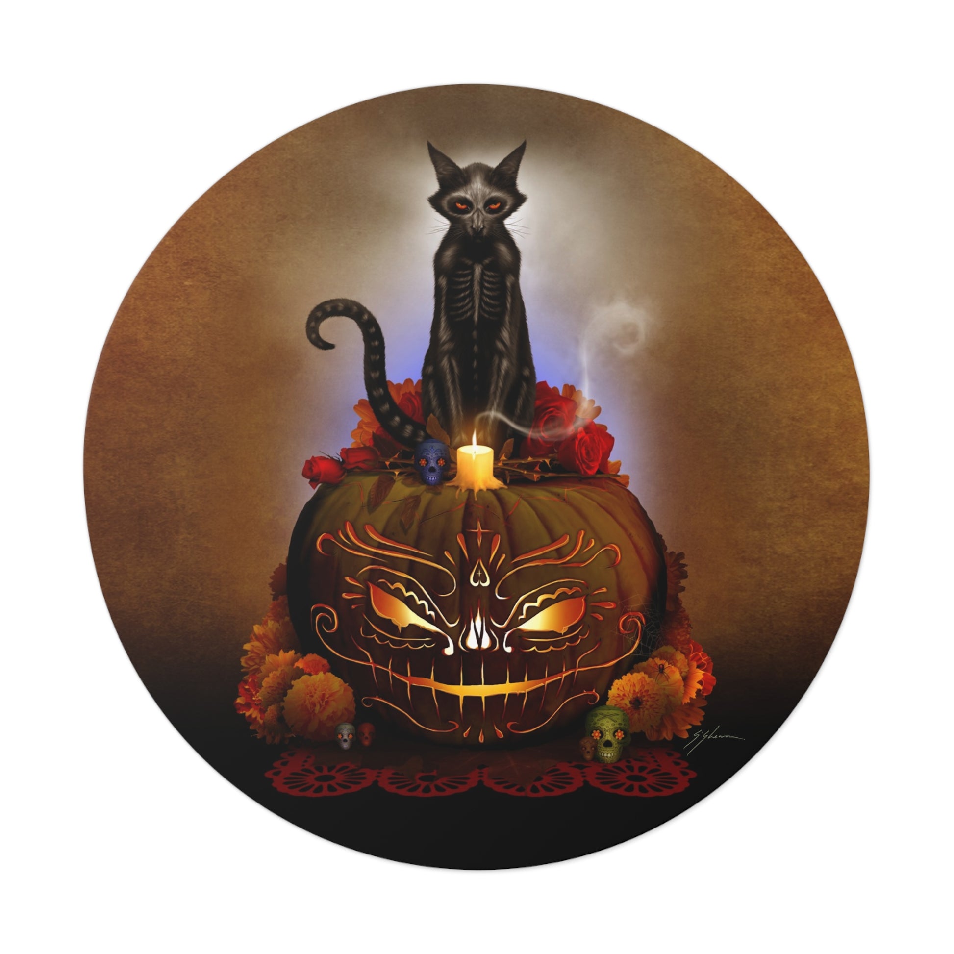 Día De Los Meowtos round vinyl sticker — Day of the Dead dark art by Mister Sam Shearon