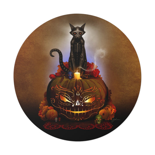 Día De Los Meowtos round vinyl sticker — Day of the Dead dark art by Mister Sam Shearon