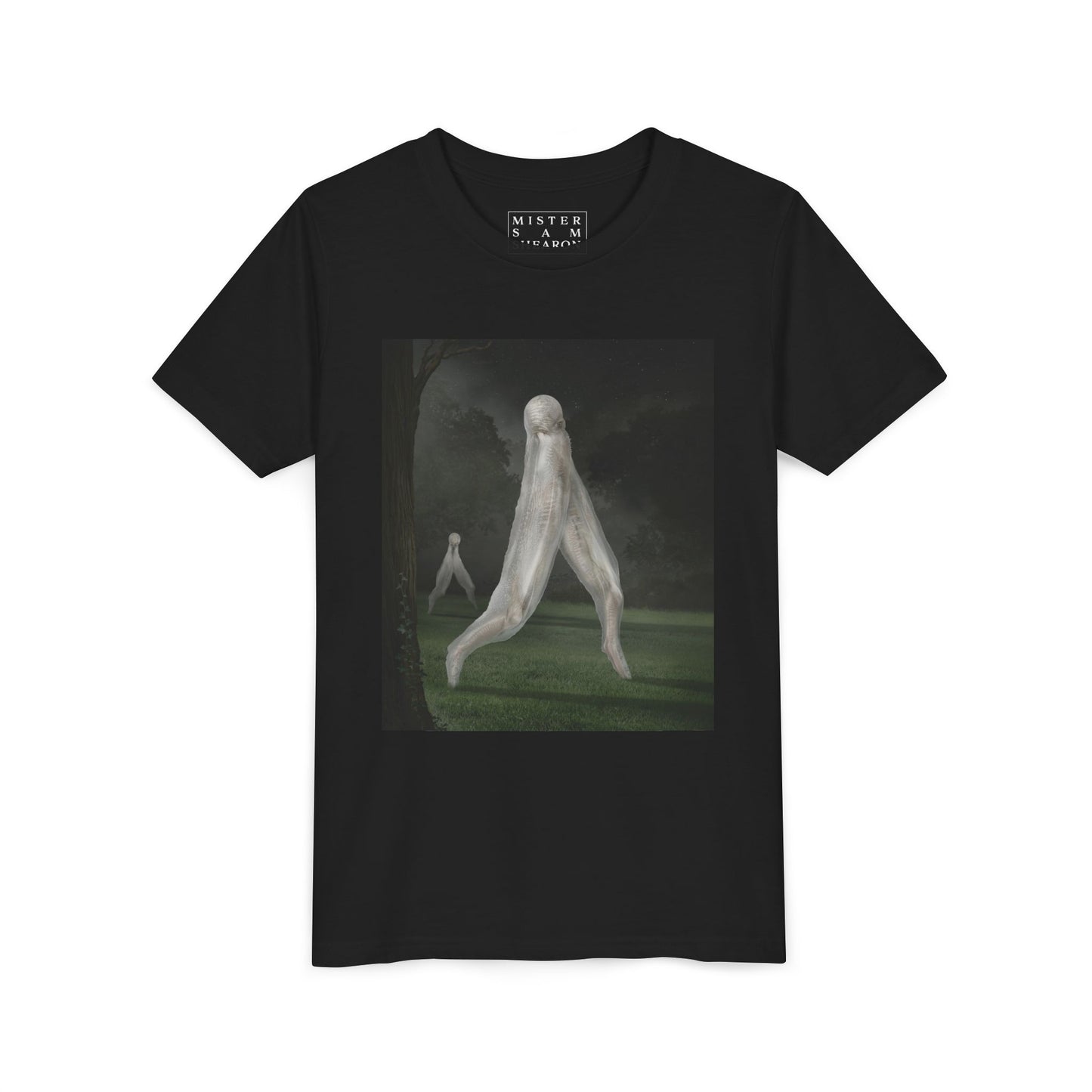 Nightcrawler youth t-shirt by Mister Sam Shearon — dark art, cryptid, creepypasta, paranormal, horror, human-made, non-AI. 