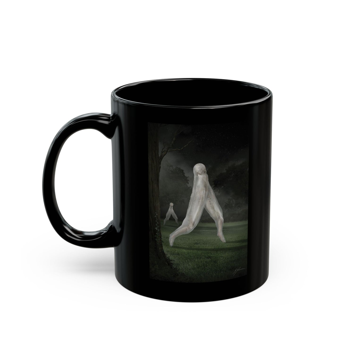 Nightcrawler black coffee mug by Mister Sam Shearon — dark art, cryptid, creepypasta, paranormal, horror, human-made, non-AI
