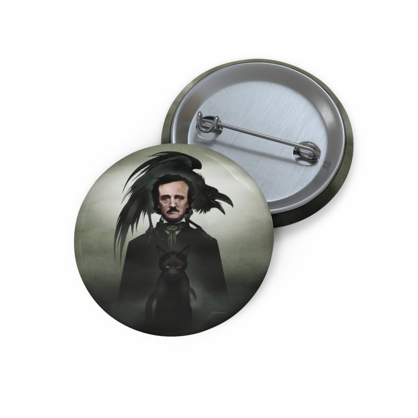 Edgar Allan Poe custom pin button — original gothic dark art by Mister Sam Shearon