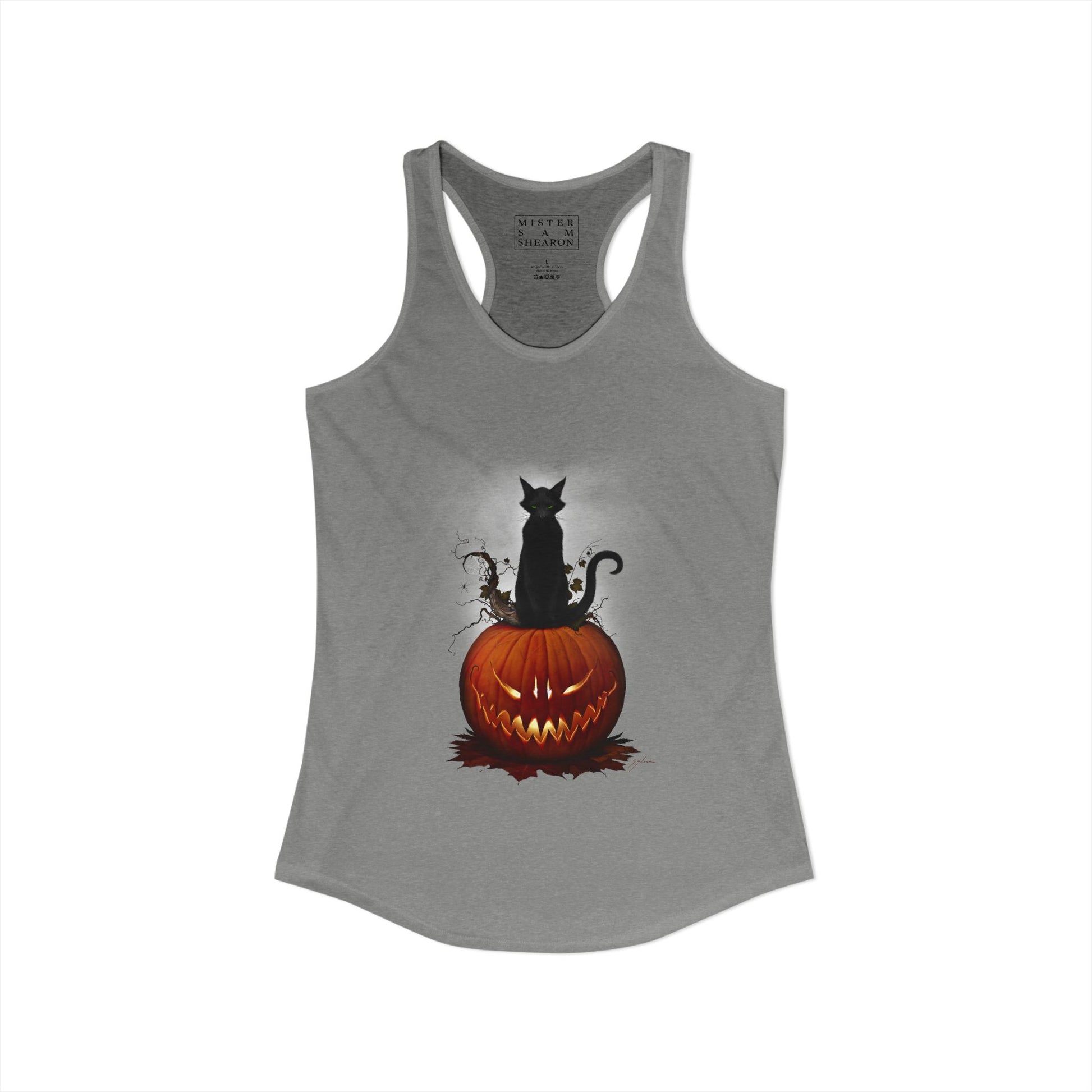 Cat O' Lantern women's racerback — Mister Sam Shearon Halloween dark art Next Level 1533