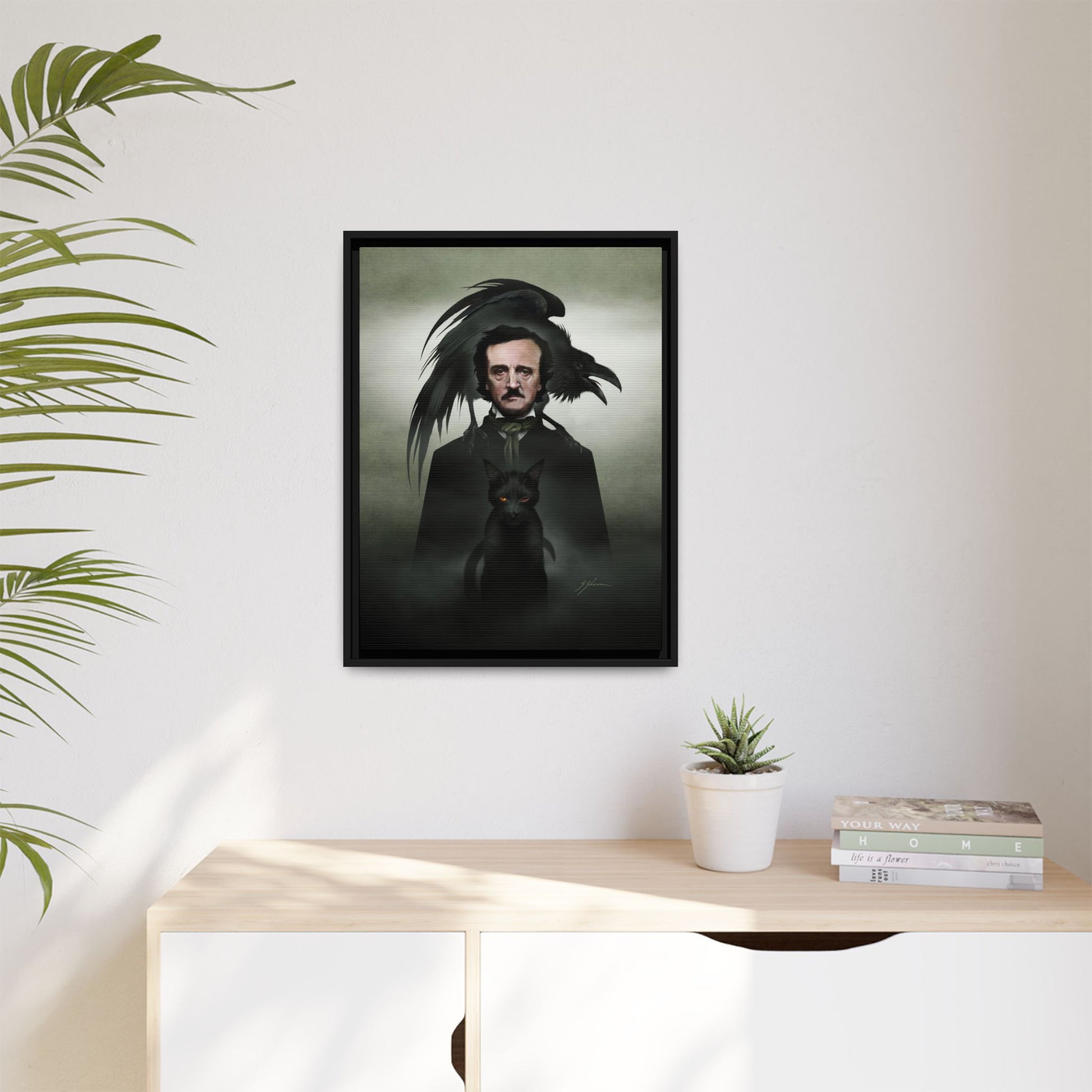 Edgar Allan Poe framed canvas side view — pinewood frame gothic art by Mister Sam Shearon