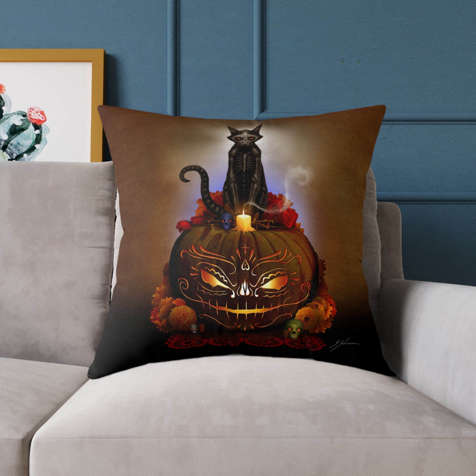 Día De Los Meowtos pillow on sofa — Mister Sam Shearon dark art home decor