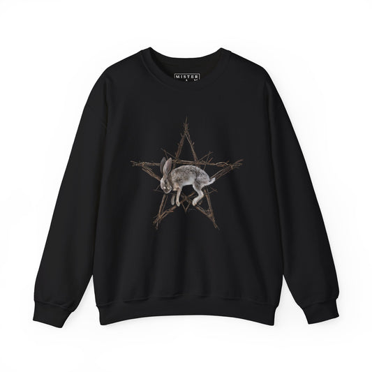 Fallen Star crewneck sweatshirt — original witchcraft dark art by Mister Sam Shearon on black Gildan heavy blend