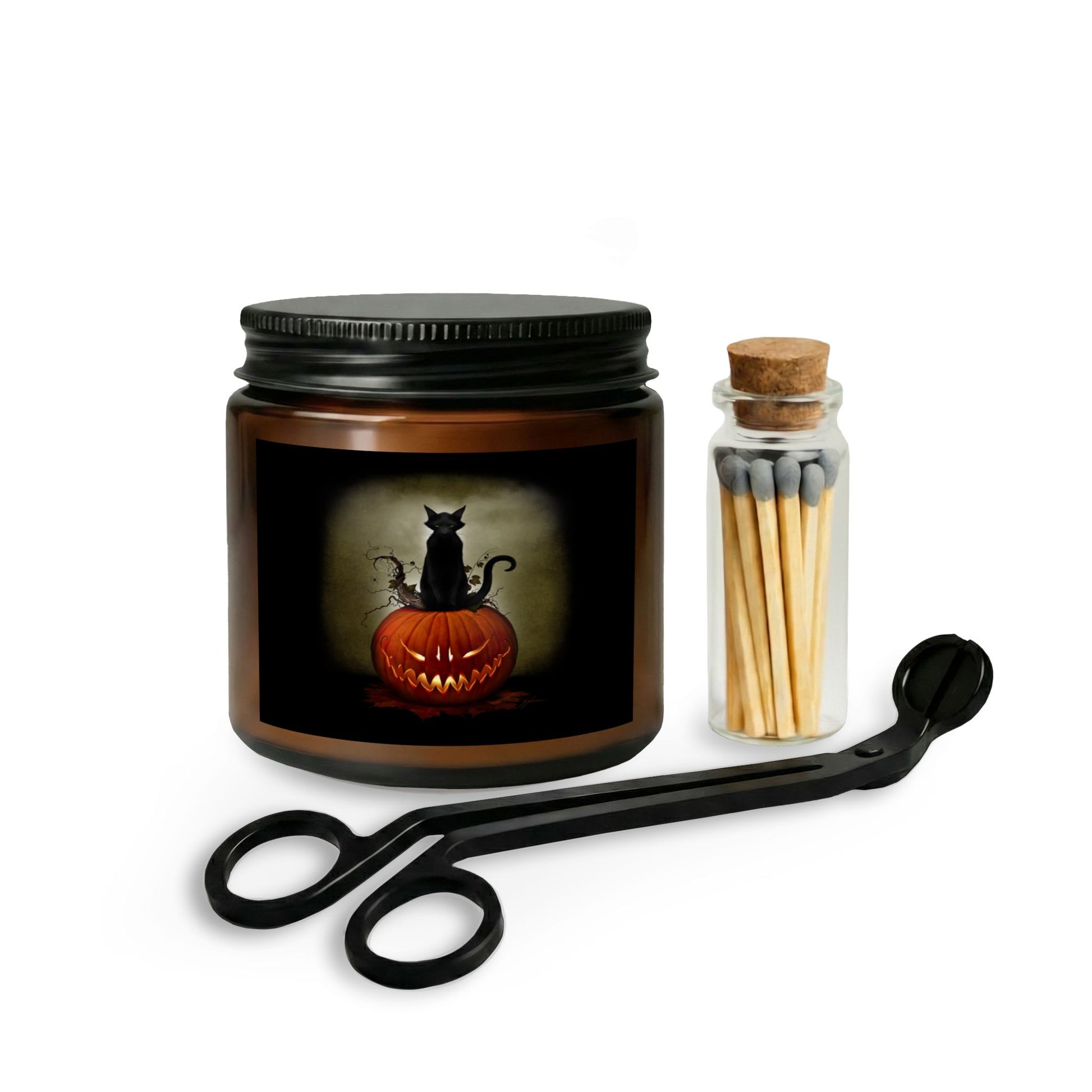 Cat O' Lantern candle gift set — original Halloween dark art by Mister Sam Shearon on amber jar soy candle