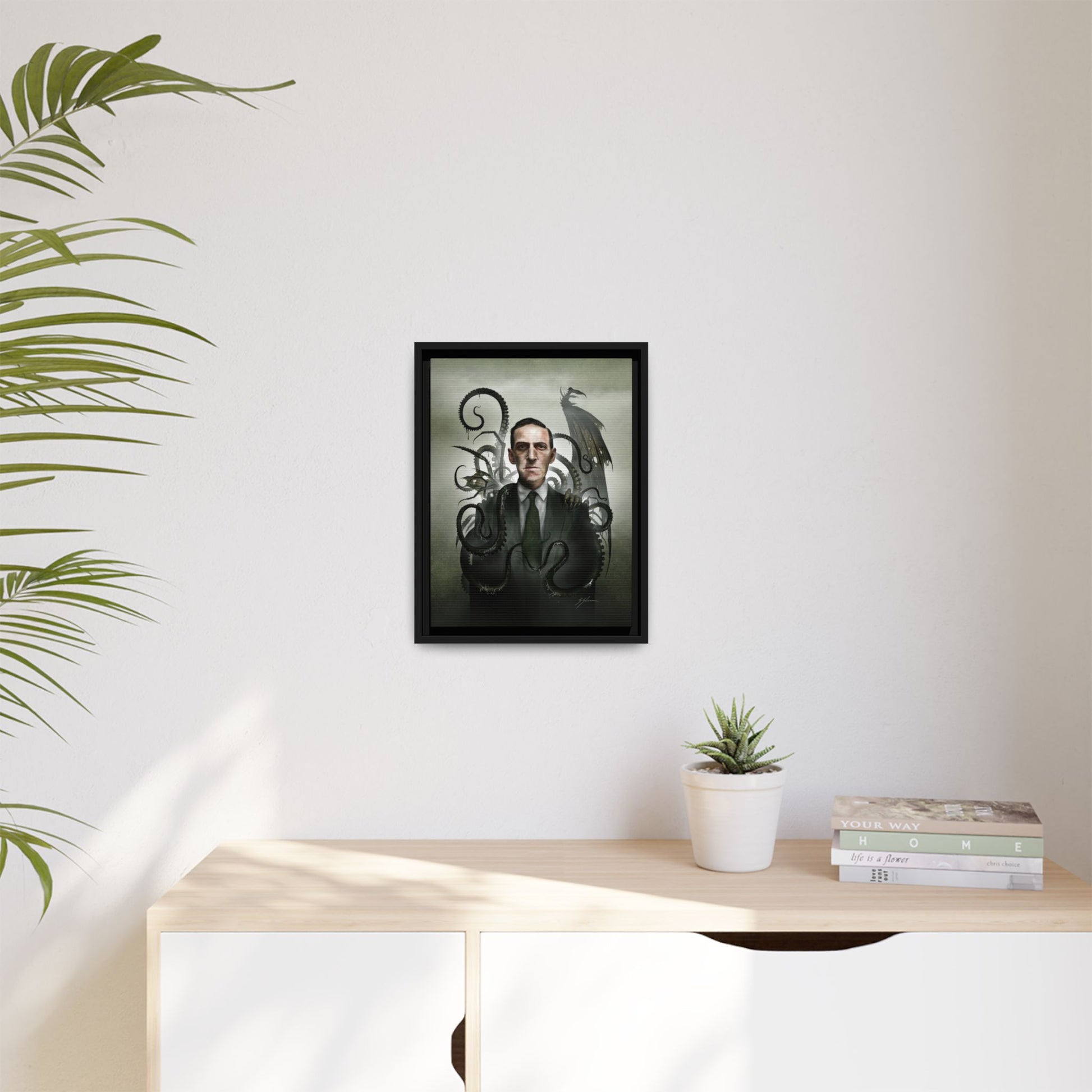 H.P. Lovecraft framed canvas black frame — sinister portrait wall art by Mister Sam Shearon