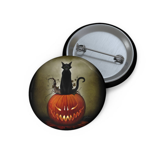 Cat O' Lantern custom pin button — original Halloween dark art by Mister Sam Shearon