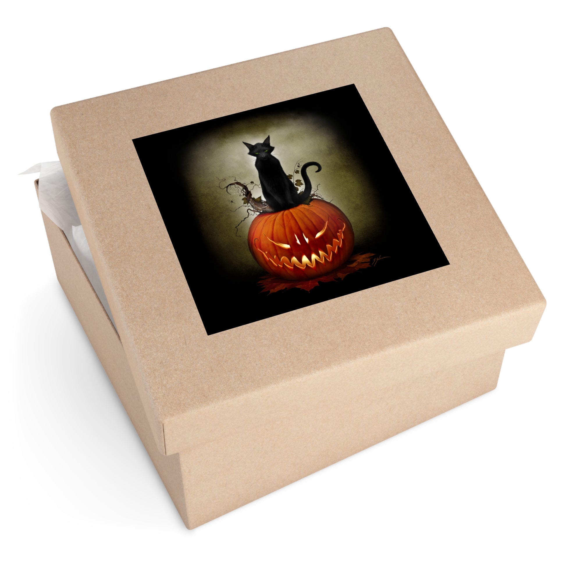 Cat O' Lantern sticker on laptop — Halloween dark art collectible by Mister Sam Shearon