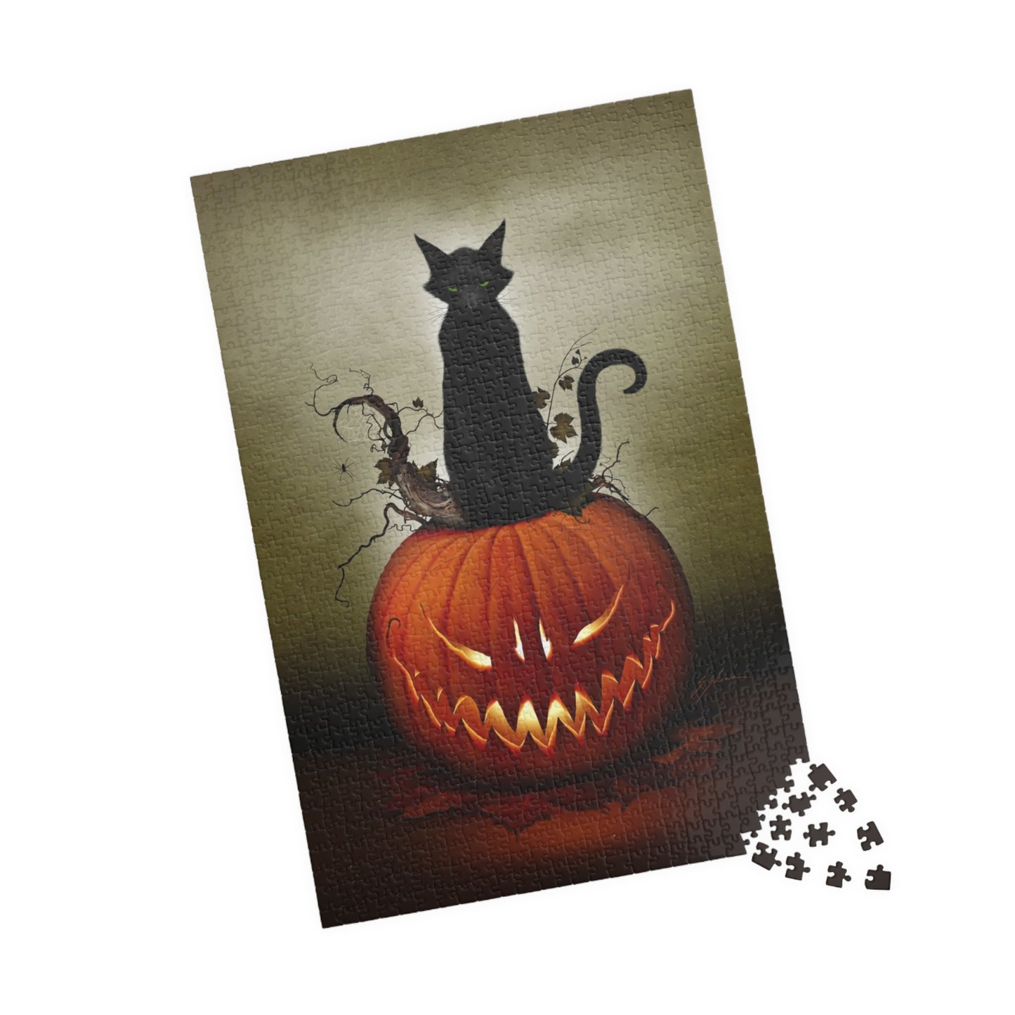 Cat O' Lantern puzzle assembled — gothic Halloween artwork by Mister Sam Shearon