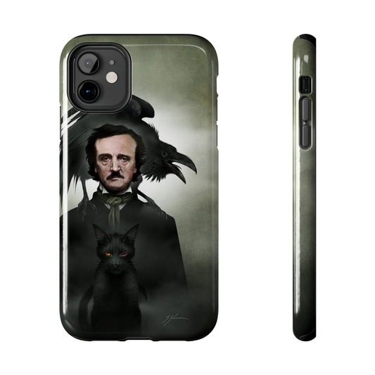 Edgar Allan Poe phone case by Mister Sam Shearon — iPhone, Samsung, gothic dark art, The Raven, horror literature, human-made, non-AI. 