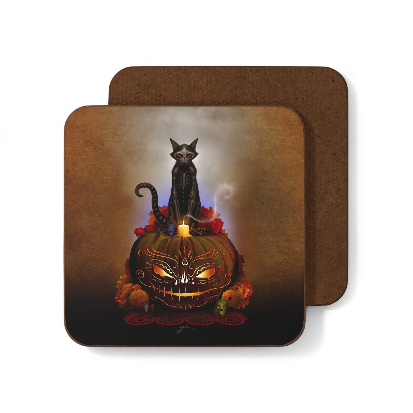 Día De Los Meowtos hardboard coaster — Day of the Dead dark art by Mister Sam Shearon