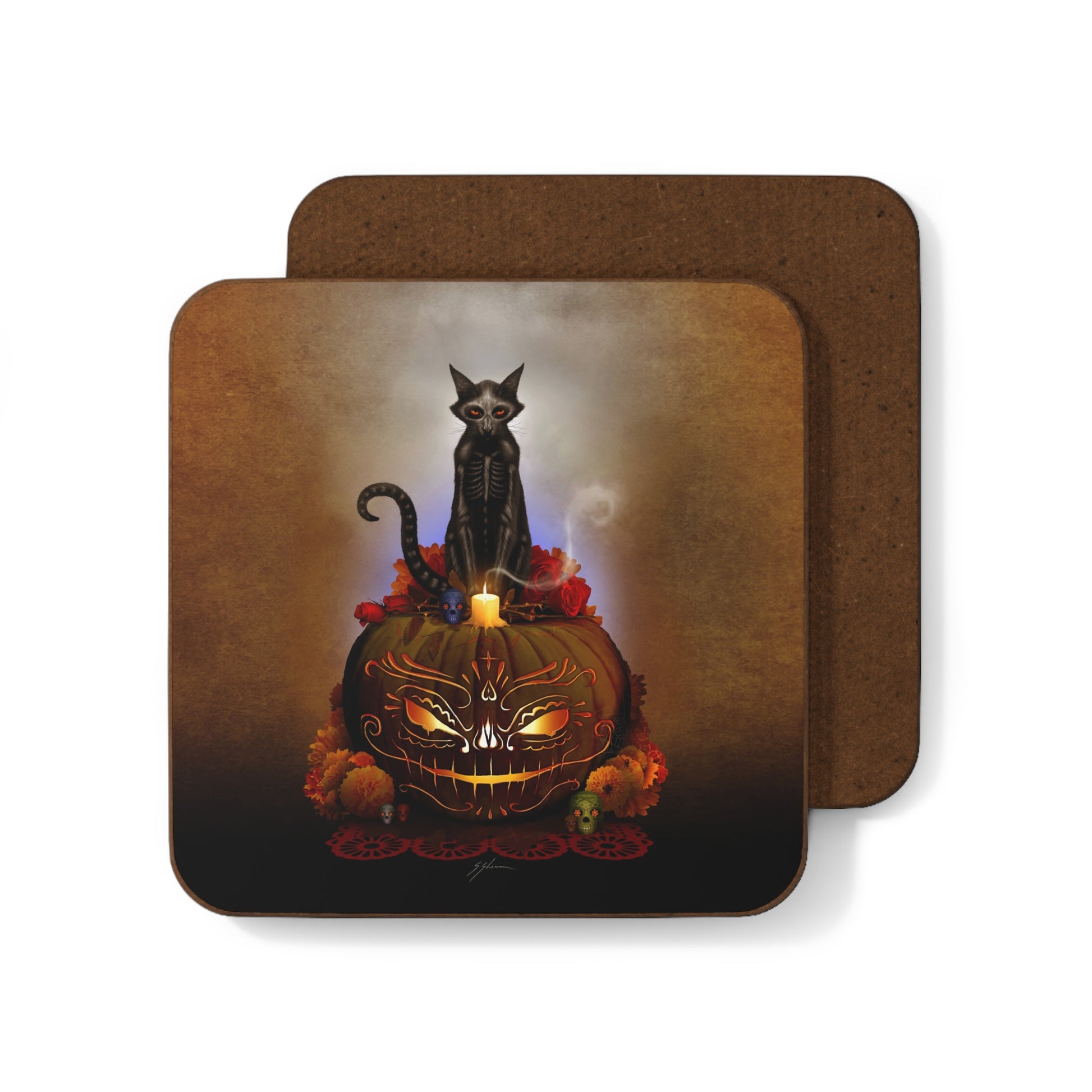 Día De Los Meowtos hardboard coaster — Day of the Dead dark art by Mister Sam Shearon