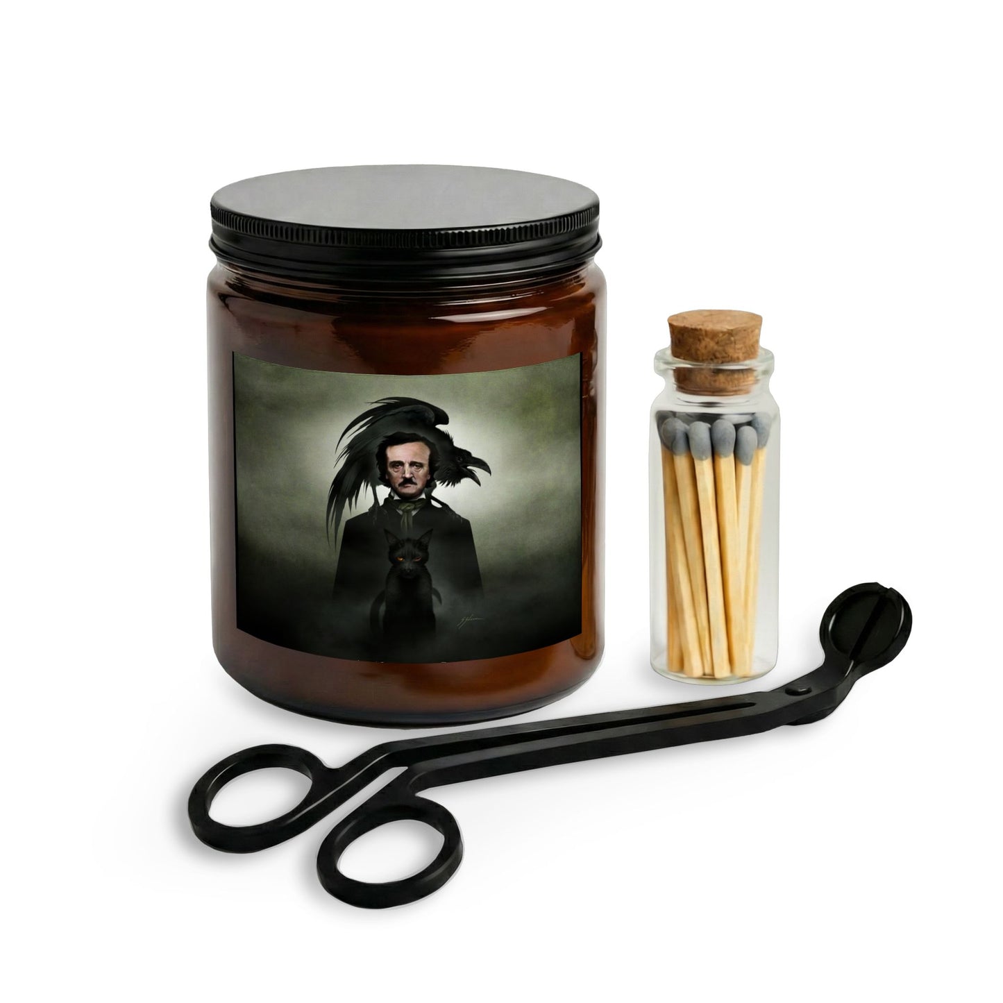 Edgar Allan Poe candle set with matches and wick trimmer — Mister Sam Shearon dark art collection