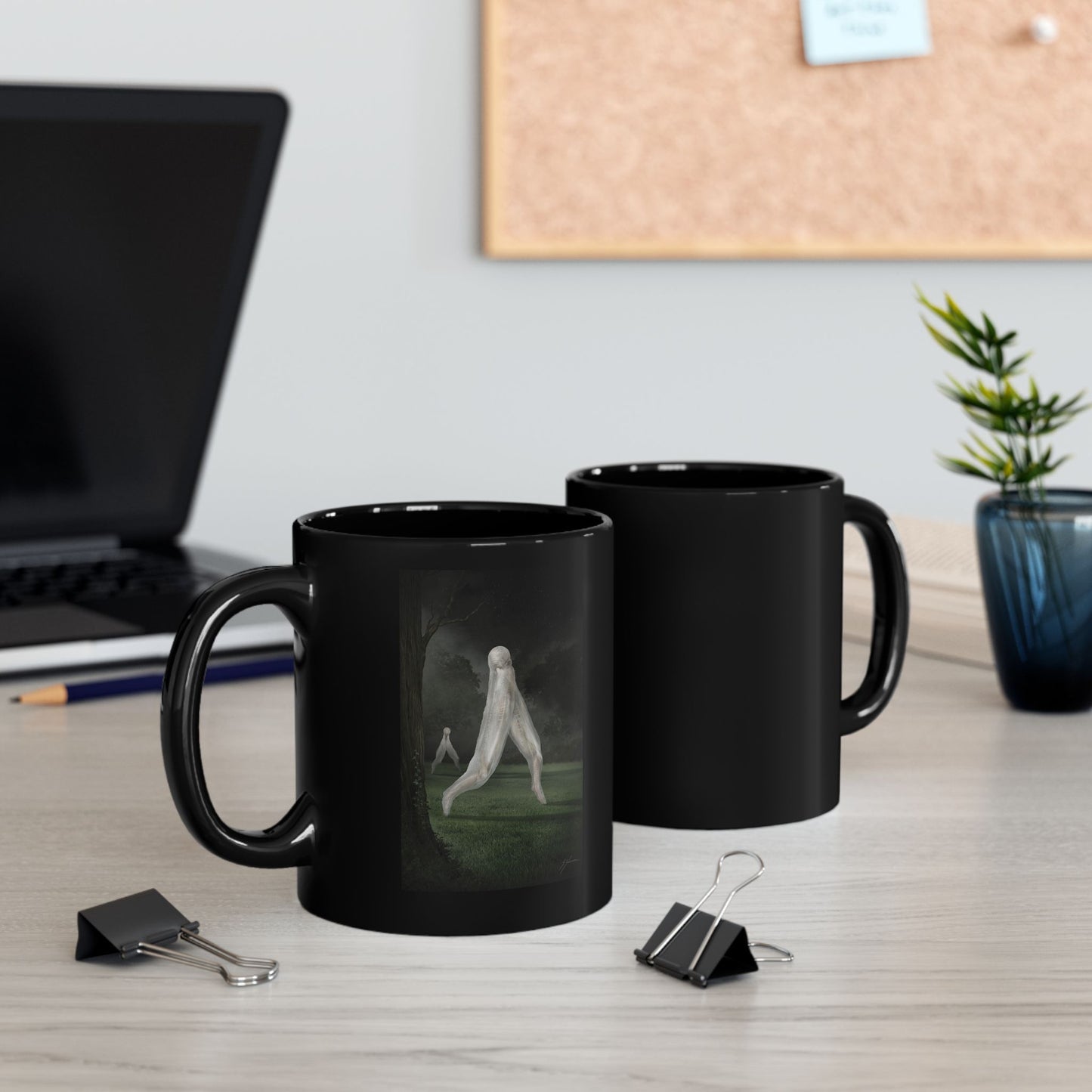 Nightcrawler black coffee mug by Mister Sam Shearon — dark art, cryptid, creepypasta, paranormal, horror, human-made, non-AI