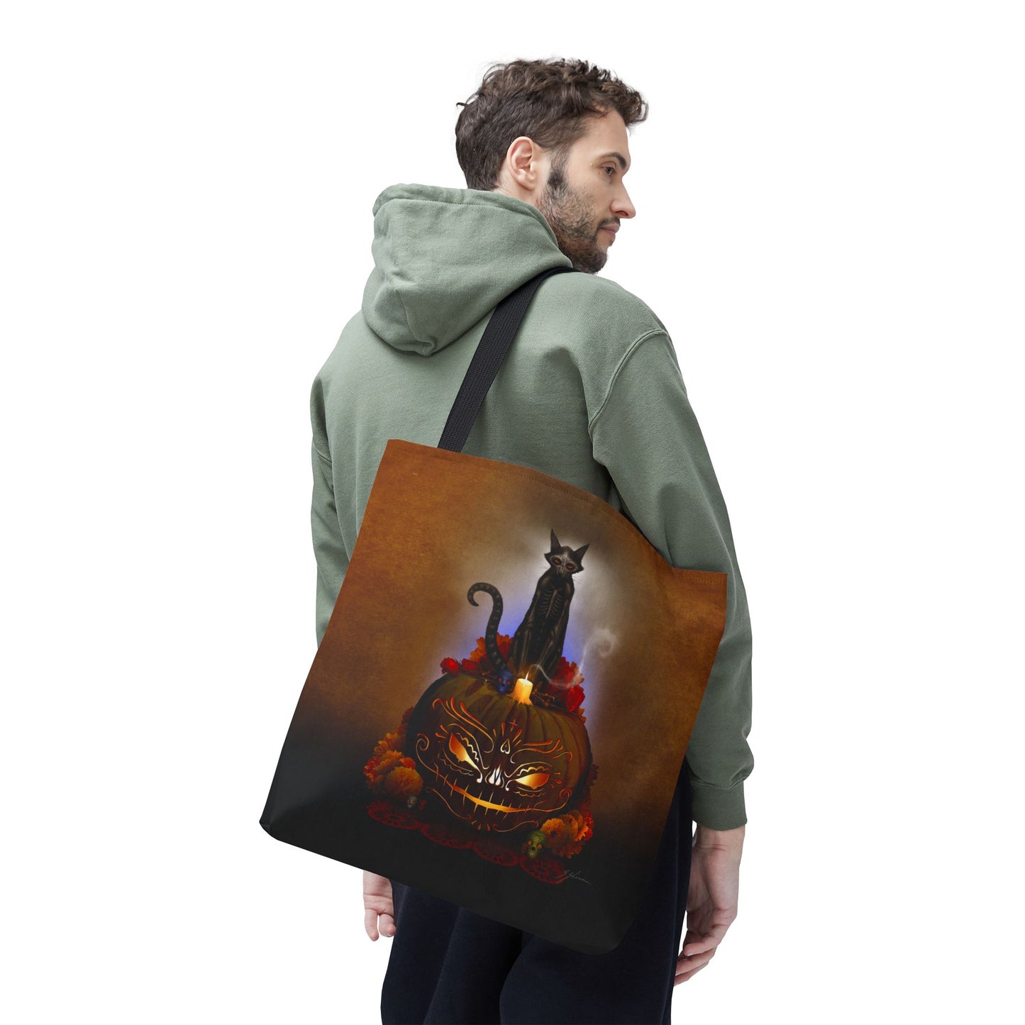 Día De Los Meowtos tote bag side view — dye sublimation print dark art collectible