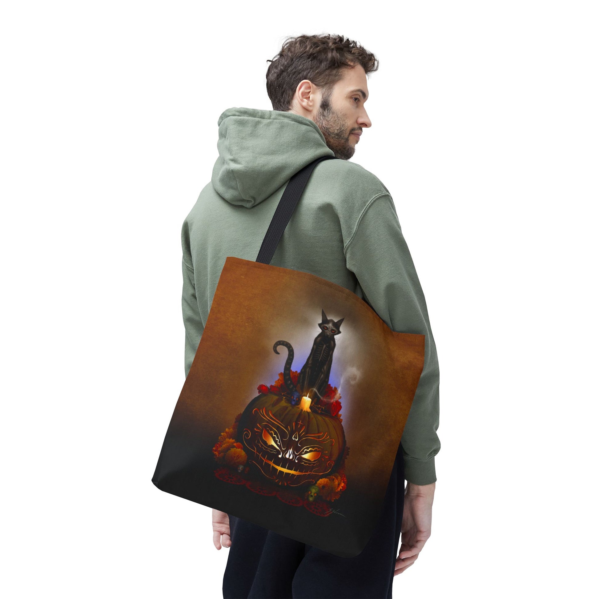 Día De Los Meowtos tote bag side view — dye sublimation print dark art collectible