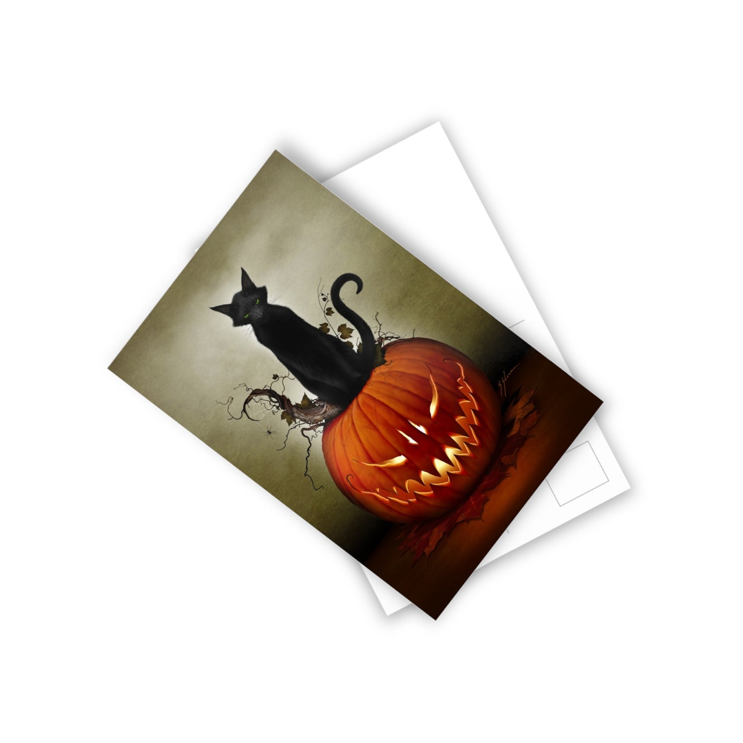 Cat O' Lantern postcard front — gothic black cat jack-o-lantern design by Mister Sam Shearon