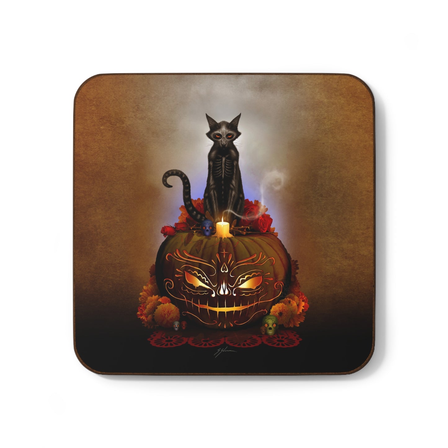 Día De Los Meowtos coaster top view — 3.5" square MDF hardboard dark art collectible