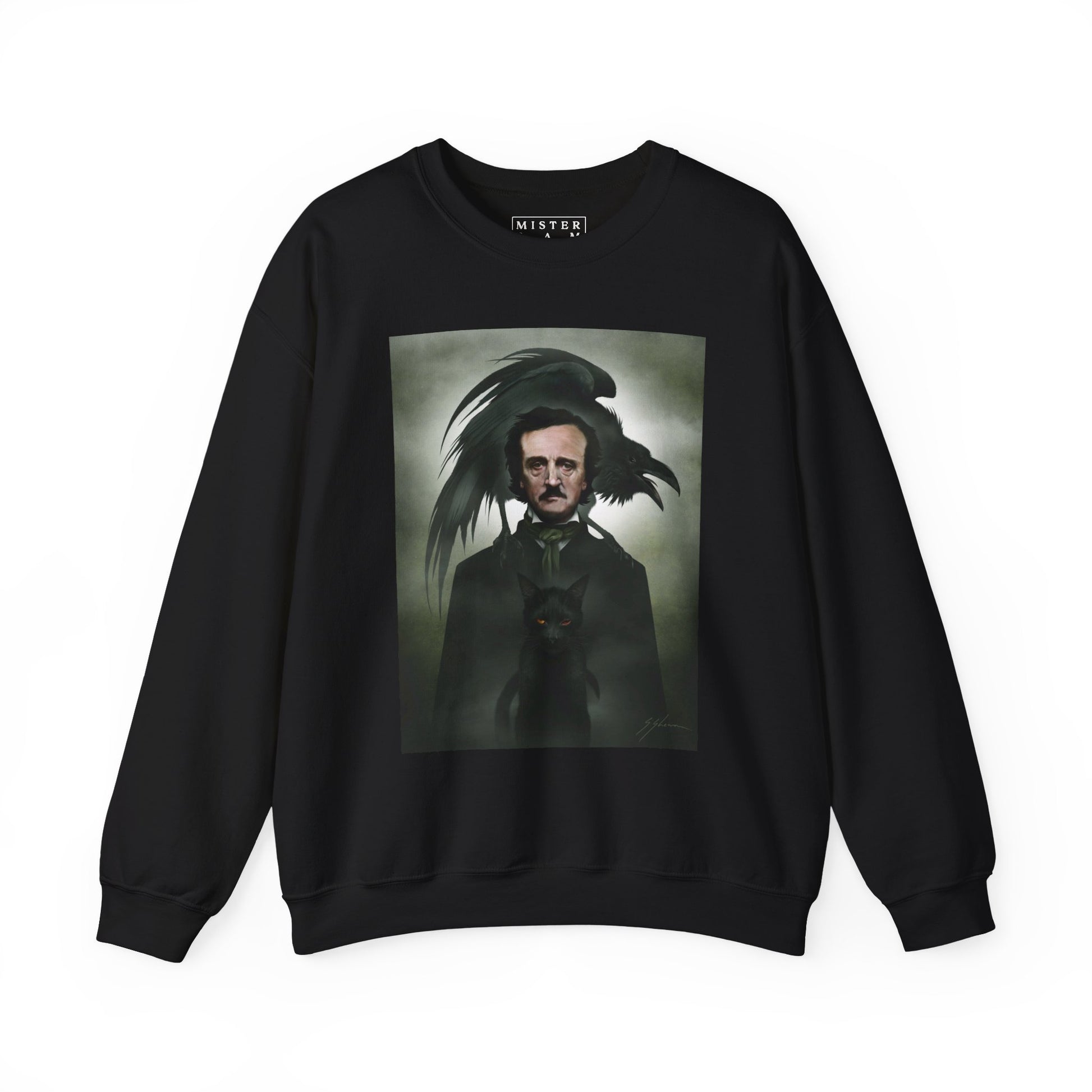 Edgar Allan Poe crewneck sweatshirt front — original dark art by Mister Sam Shearon on black Gildan heavy blend