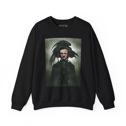 Edgar Allan Poe crewneck sweatshirt front — original dark art by Mister Sam Shearon on black Gildan heavy blend