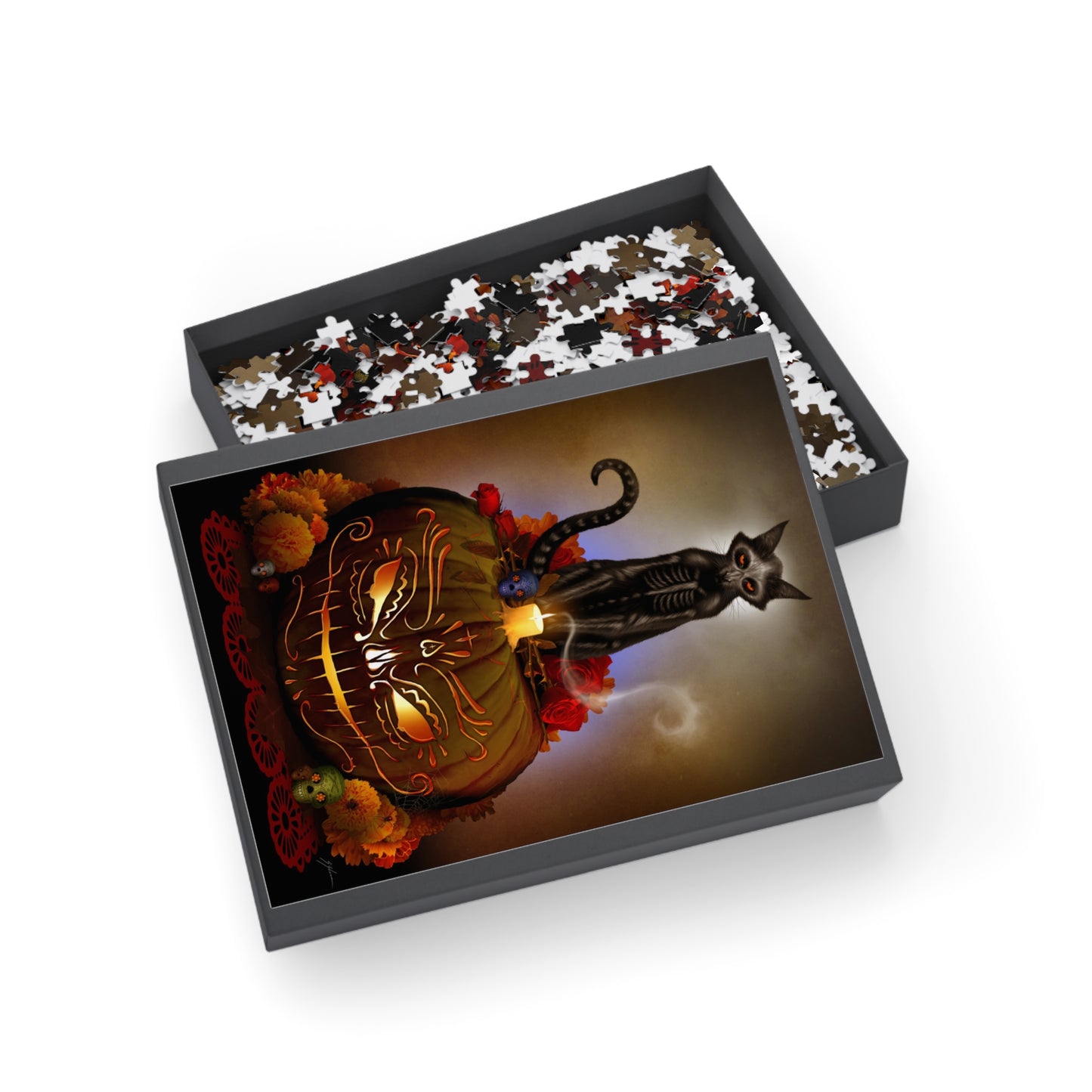 Día De Los Meowtos dark art puzzle — 1000-piece Day of the Dead jigsaw by Mister Sam Shearon