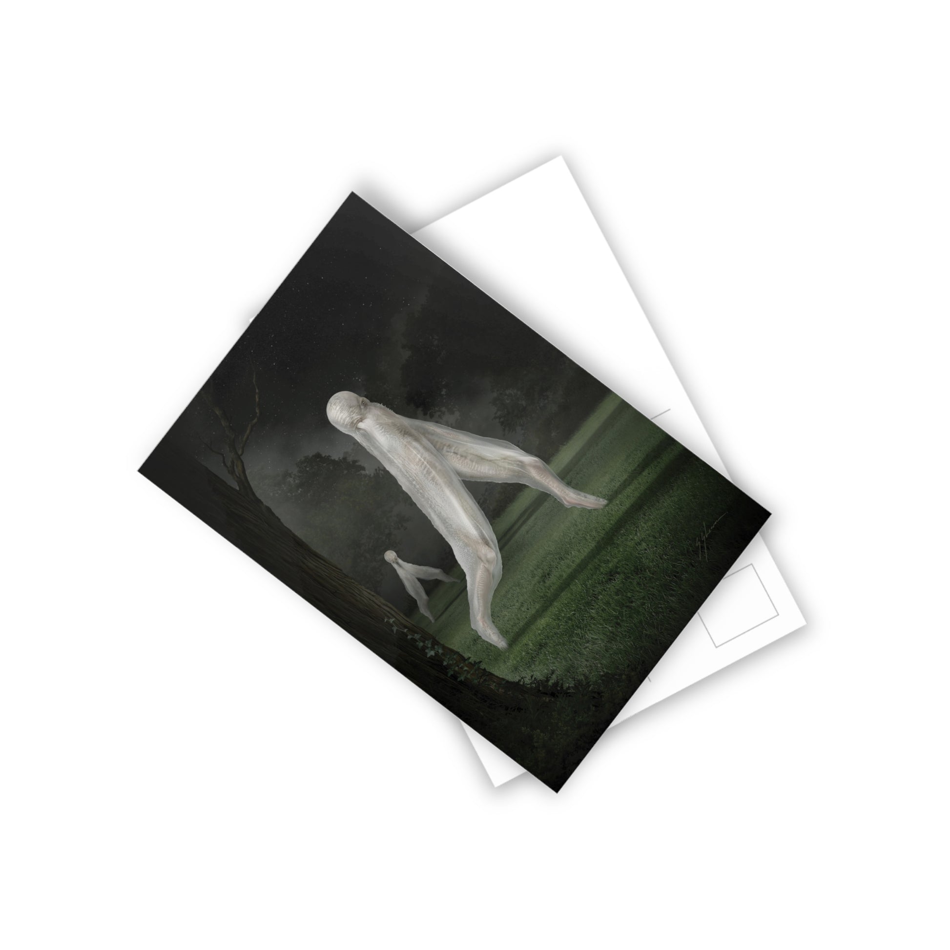 Nightcrawler postcard set by Mister Sam Shearon — dark art, cryptid, creepypasta, paranormal, horror, human-made, non-AI. 