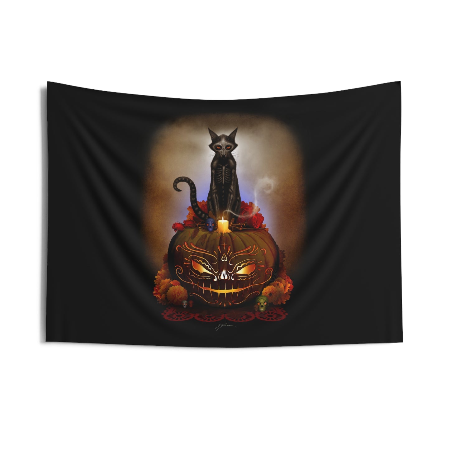 Día De Los Meowtos wall tapestry 50"x60" — 100% polyester hemmed edges dark art