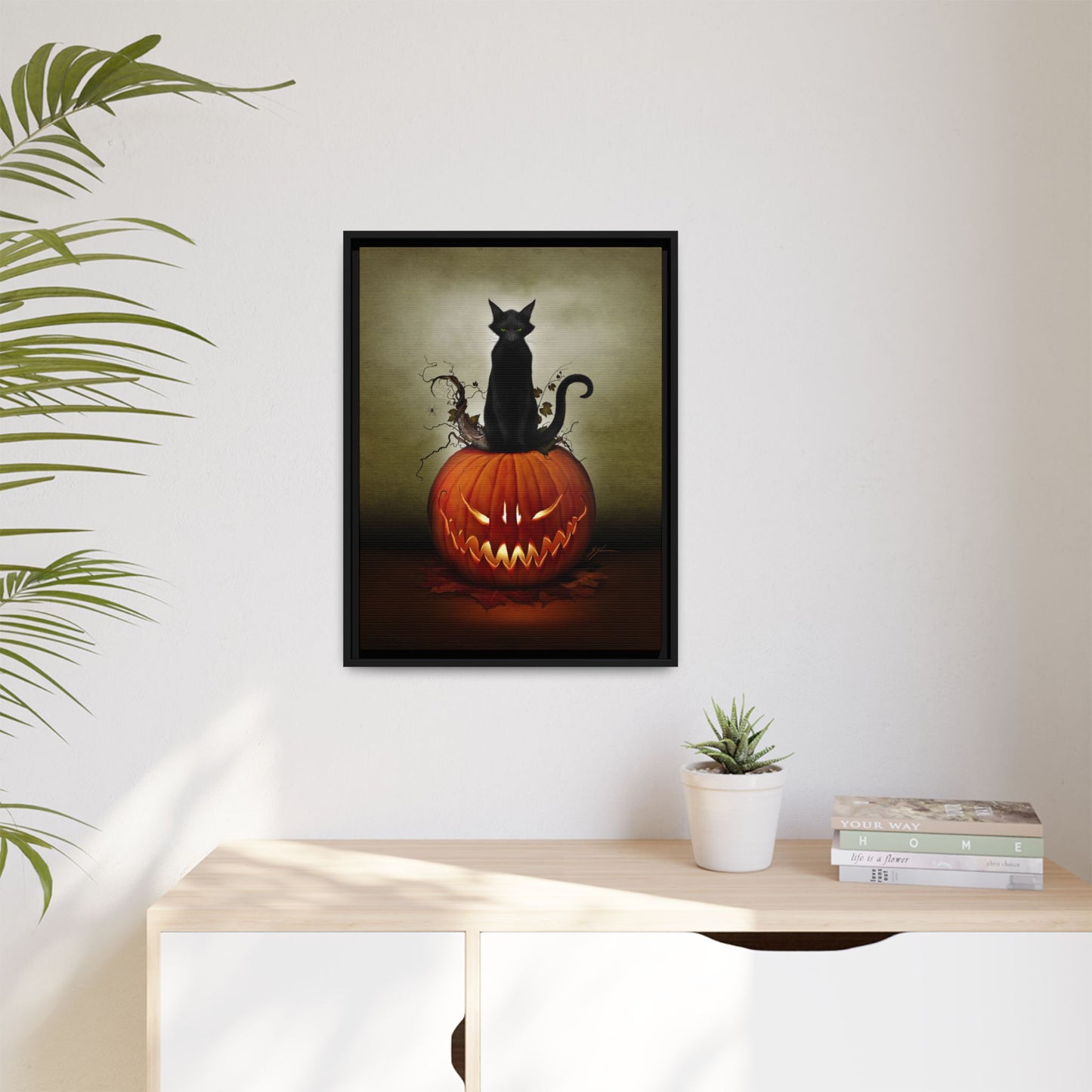 Cat O' Lantern framed canvas side view — pinewood frame Halloween art by Mister Sam Shearon