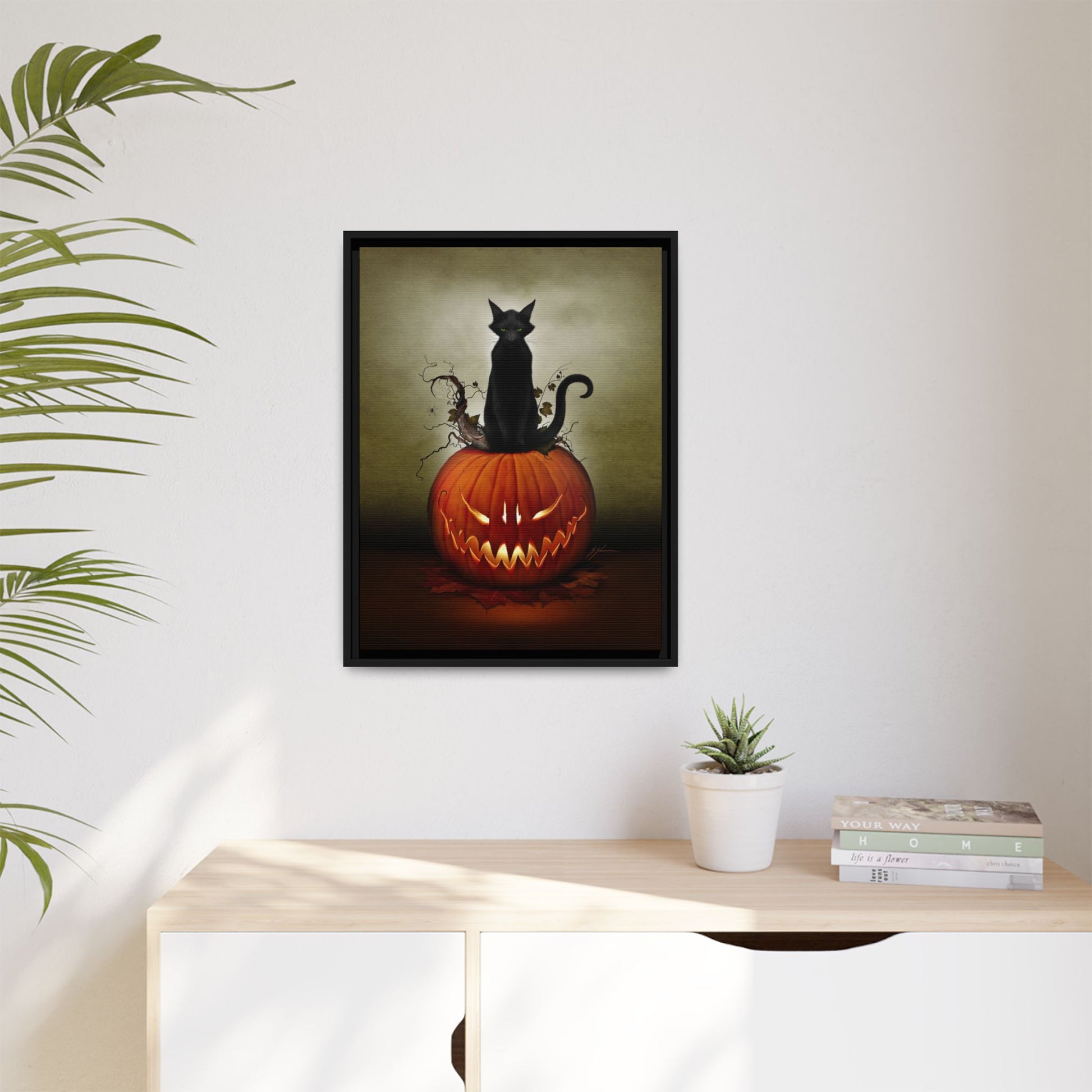Cat O' Lantern framed canvas side view — pinewood frame Halloween art by Mister Sam Shearon