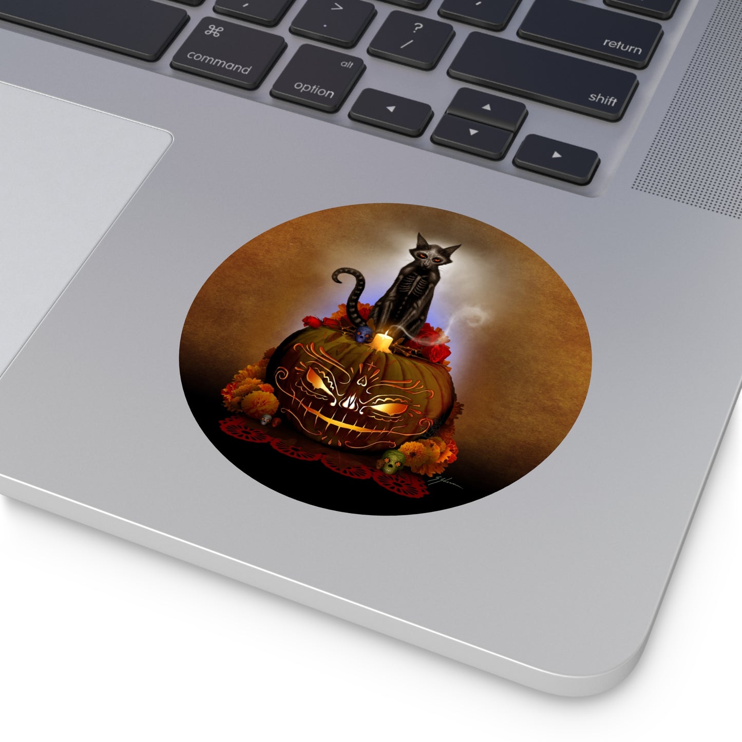 Día De Los Meowtos vinyl sticker on surface — Mister Sam Shearon dark art collectible